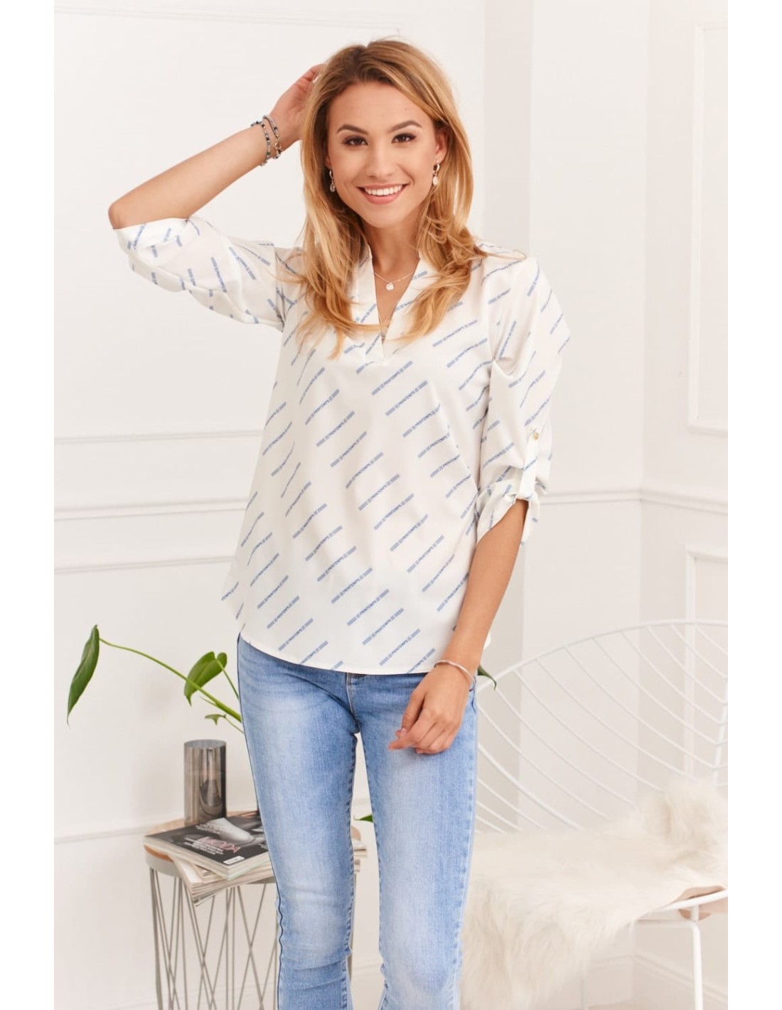 Airy patterned shirt blouse, cream and blue 0493 - Online store - Boutique